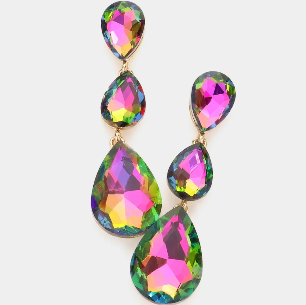 Vitrail Dangle Crystal Earrings 2.75 Inch Triple Tear Drop Jewelry